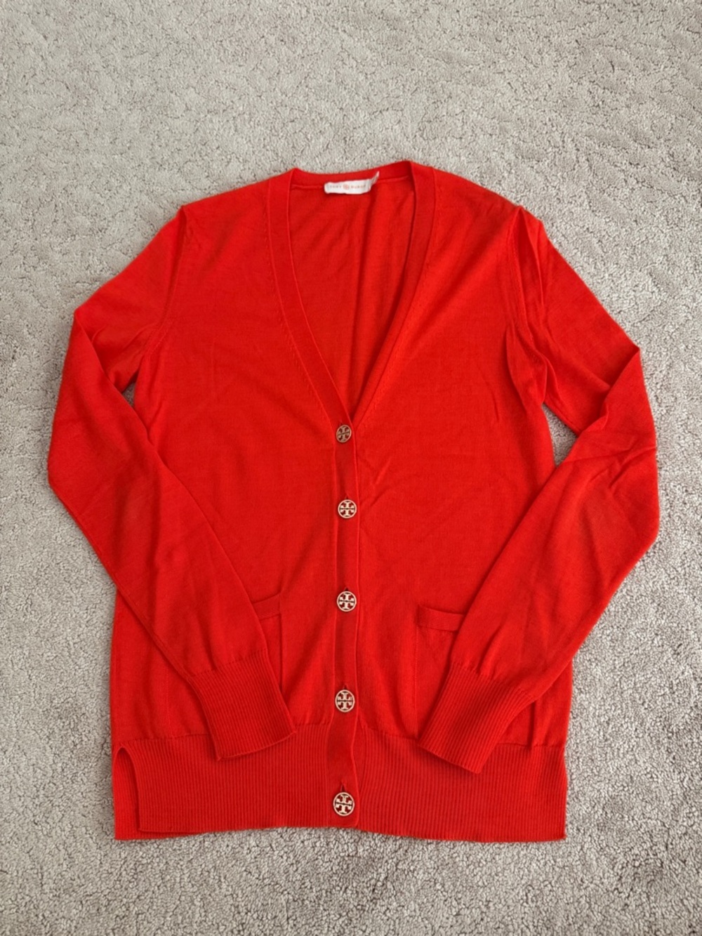 Tory Burch Merino Wool Orange Cardigan Sweater with Gold Buttons